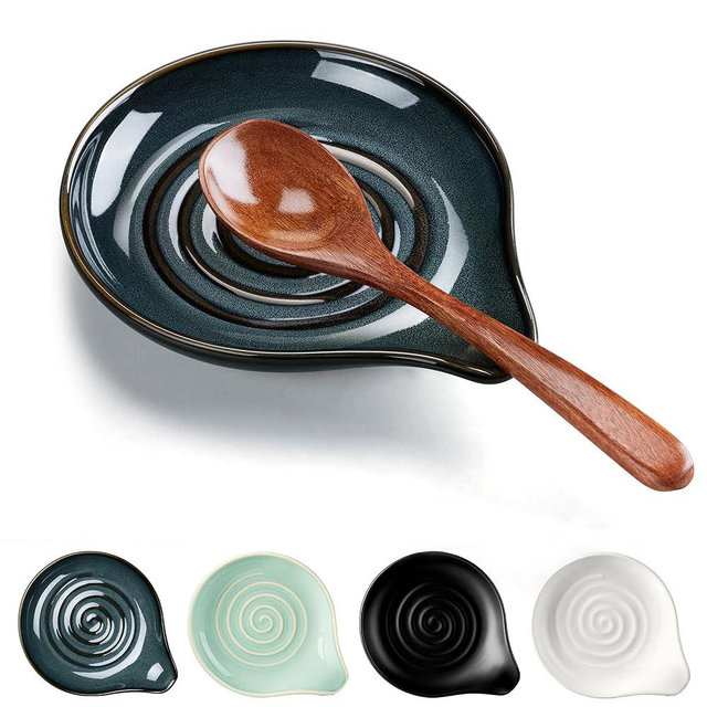 HaWare Spoon Rest for Stove Top, 5.1" Ceramic Spoon Holder for Kitchen Utensils, Coffee Spoons, Spatula, Heat-Resistant Cooking Utensil Rest for Kitchen Counter Decor, Ink Blue