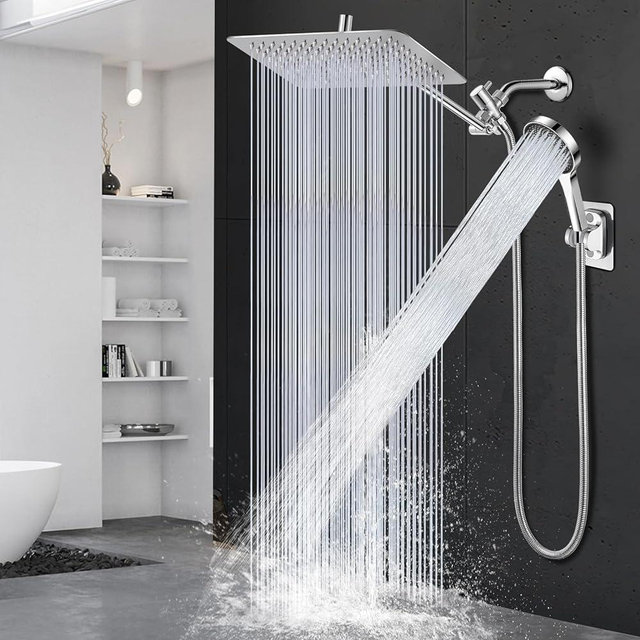 Shower Head,12" High Pressure Shower Combo,Rainfall Shower System with Handheld Spray,All Metal 3-Way Diverter & 6ft Hose,Anti-Clog Nozzles,Easy to Install in Bathrooms-Silver Chrome