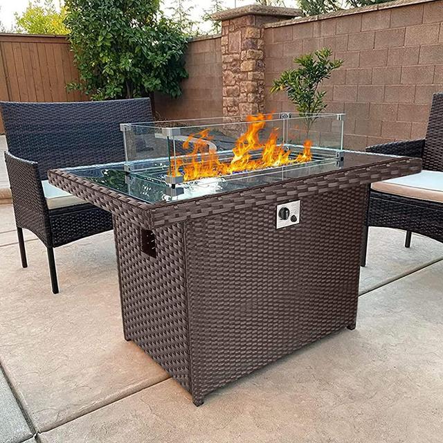 WACASA 43in Rattan Propane Fire Pit Table Outdoor Patio/ Indoor, 50,000 BTU Auto-Ignition Propane Fire Pit W/ H Style Burner,Glass Wind Shield,Tempered Glass Tabletop with Lid, Blue Glass Rock Brown