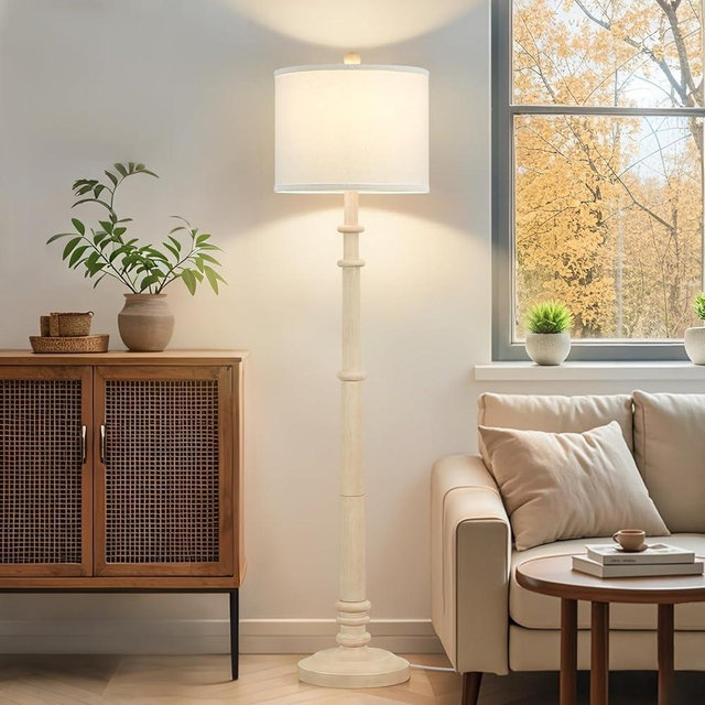 Floor Lamps for Living Room - 60" New Upgrade Resin Farmhouse Floor Lamp with 3 Color Temperatures - Vintage Standing Lamp Reading Light with Linen Shade Rustic Tall Lamp for Bedroom Office, Cream