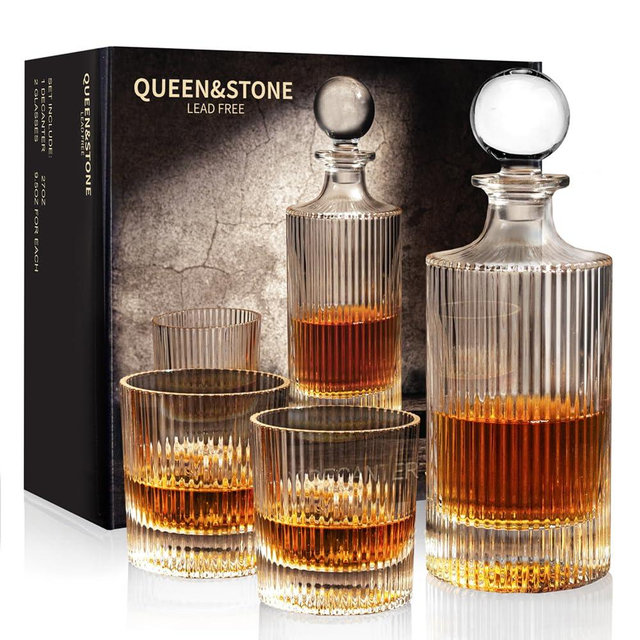 27Oz Whiskey Liquor Decanter Ribbed Set in Box,Decanter Set with 2 Glasses,Idea for Scotch Liquor,Whiskey Wine Decanter Suit for Men and Women Father Coworkers