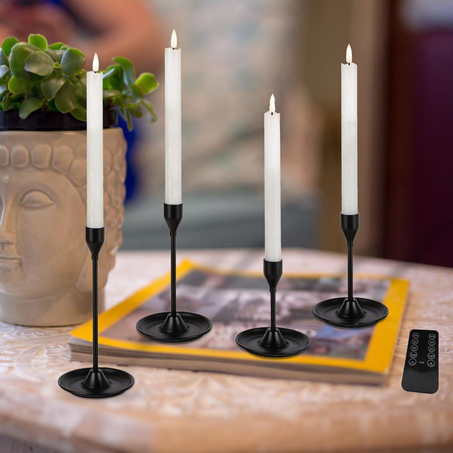 Flameless Flickering Candlesticks with Remote Timer, 4 Packs 9.72" Battery Operated LED Taper Candles with Removable Black Candle Holders, Ideal for Christmas Thanksgiving Table Fall Home Decor