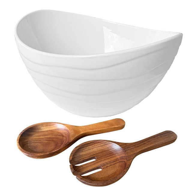 Qlans Extra Large Elegant Ceramic Oval Salad Bowl Set with Premium Acacia - large capacity 116OZ, White