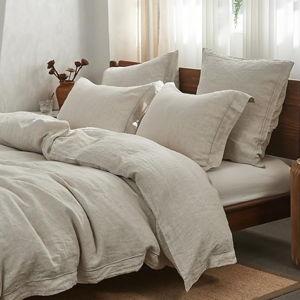 Simple&Opulence 100% Washed Linen Duvet Cover Set with Embroidered,3 Pieces Soft Farmhouse Comforter Set with Button Closure,1 Duvet Cover and 2 Pillowshams(King,Natural Linen)