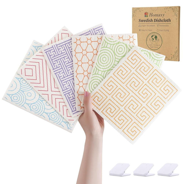 Homaxy Swedish Dishcloths for Kitchen, 6 Pack Geometric Reusable Paper Towels with Clips, Absorbent Cellulose Sponge Dish Cloths for Washing Dishes, Non-Scratch & Odor-Free Dish Rags