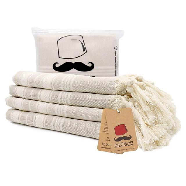 Turkish Hand Towel Set of 4 Stripe Peshtemal Towel 100% Cotton 45x20 Light Weight Thin Quick Dry Hand Bath Hair Gym Face Tea Kitchen Dishcloth Set Decorative Bathroom Towel (Cream)