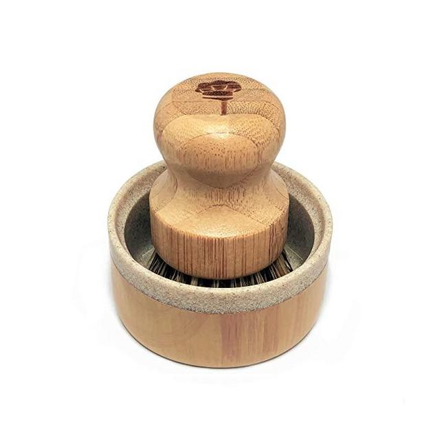 Bamboo Brush and Sandstone Soap Dish. All Natural Bamboo Dish Brush with Organic Union Bristles. Sandstone Soap Dish is made of Engineered Stone with painted Bamboo Wood Grain design around the sides.