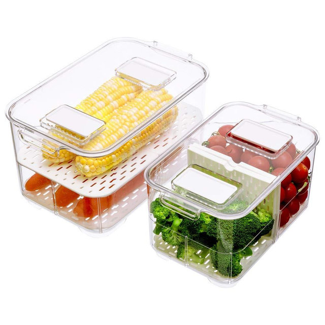 SANNO Fridge Food Storage Vegetable Fruit Containers Produce Saver Container Stackable Refrigerator Freezer Organizer Fresh Keeper Drawers set of 2