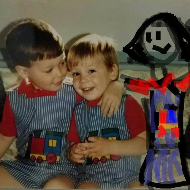 Little Eric, his brother Ryan, and a very real photo of little Duygu in matching train overalls.