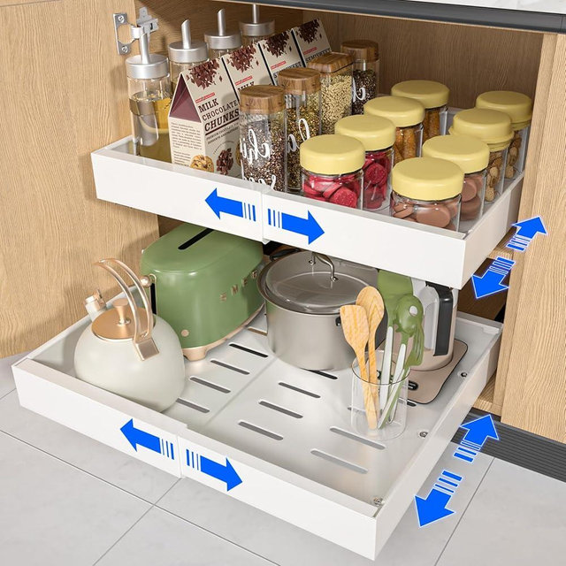 Pull Out Cabinet Organizer Expandable Width(12.6"-21") Pull Out Drawer 21'' Deep Slide Out Drawers Fixed with Adhesive Nano Film or Nail for Kitchen Cabinet Bathroom Organization, 1 Pack White