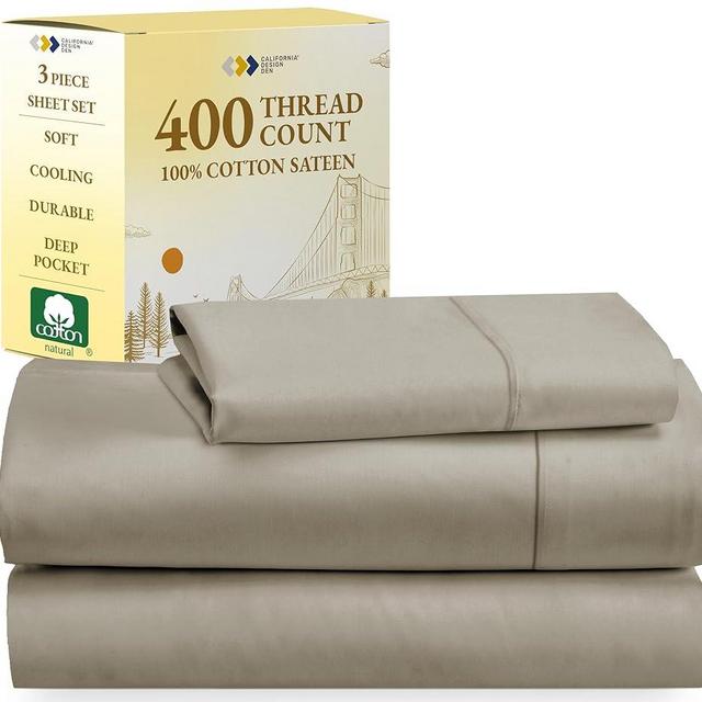 California Design Den Soft Twin Sheets Set - 400 Thread Count Sateen, Natural 100% Cotton Sheets, Deep Pockets, Cooling and Durable Bedding Set for Dorm Rooms & Adults - Taupe