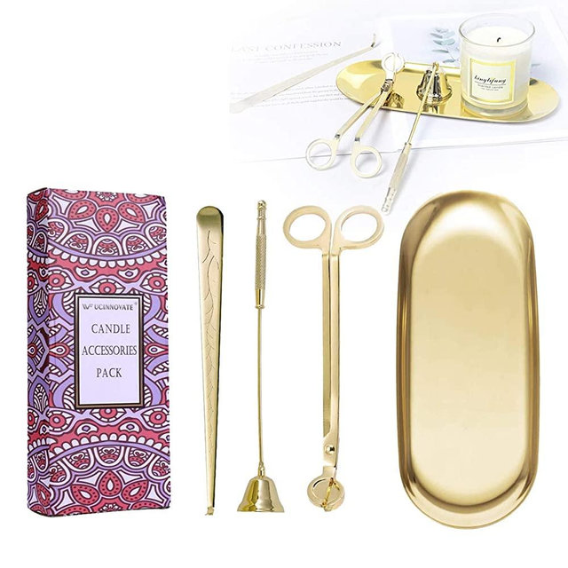 UCIN 4 in 1 Candle Accessory Set, Candle Wick Trimmer Candle Cutter, Candle Snuffer, Candle Wick Dipper, Storage Tray Plate, for Candle Lover, Thanksgiving, Christmas(Gold)