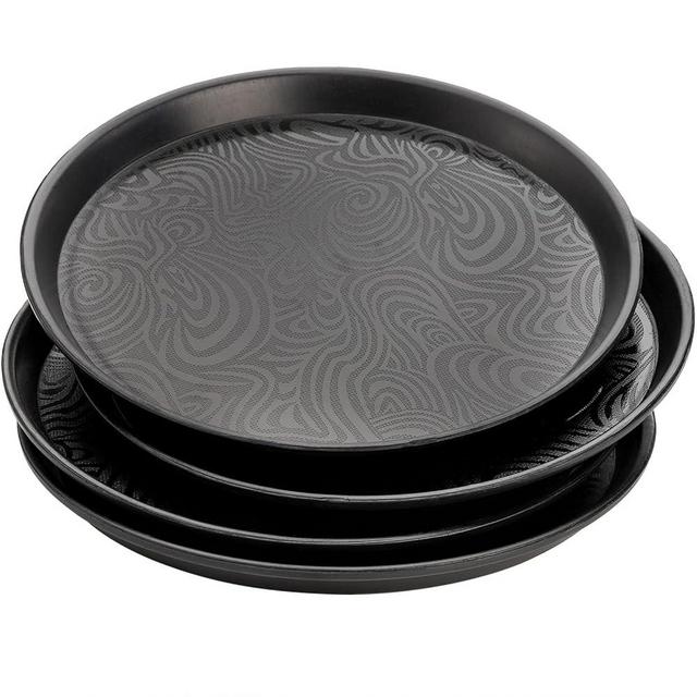 Hacaroa 4 Pack Round Restaurant Serving Trays, 11.5 Inch Plastic Food Service Trays Non-Skid Food Platter for Cafeteria, Bar, Coffee Shop, Hotel, Tailed Lines, Black