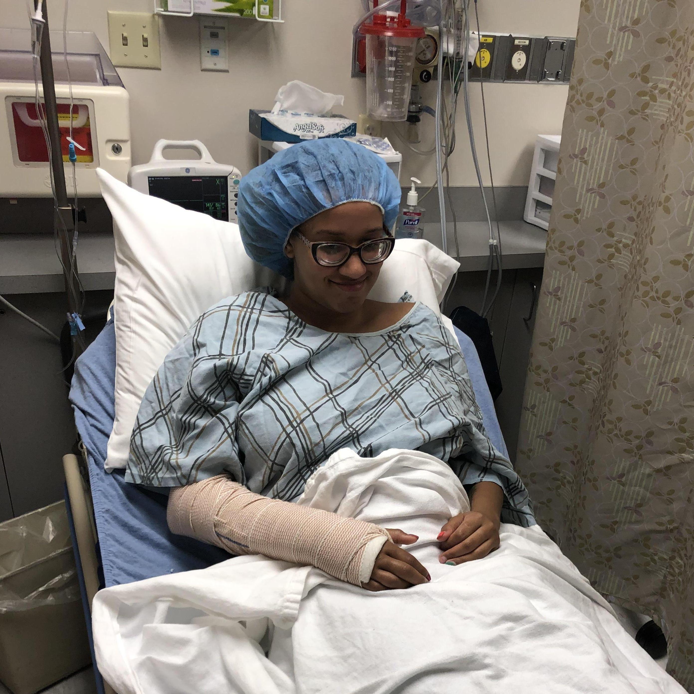 Post-surgery after she broke her arm