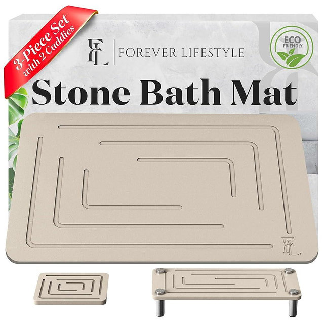 Diatomaceous Earth Stone Bath Mat 24x15 | 3-Piece Set with 2 Caddies | Ultra Absorbent Fast Dry Bathroom Mat | Odor Resistant, Non Slip, Instant Drying Mat for Home & Shower (Light Grey-Maze)