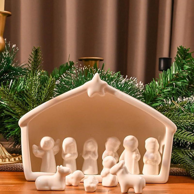 WDS Wondrous 12-Piece Ceramic Nativity Set, Miniature Christmas Figurines, White Porcelain Nativity Scene for Indoor Farmhouse Creche Tabletop Decorations