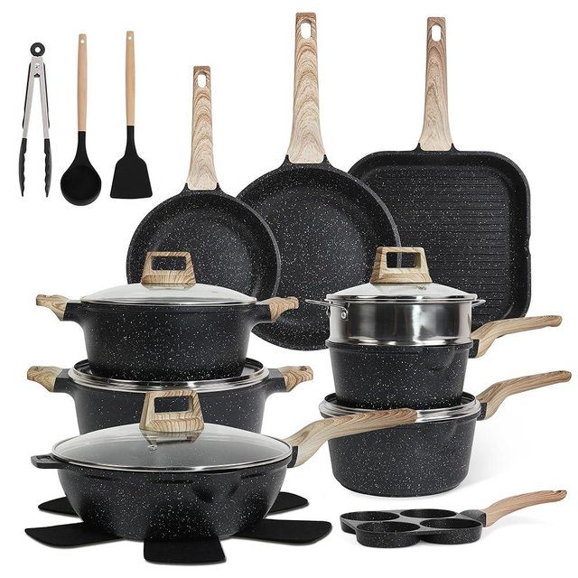 Cuisinluv 23Pcs Pots and Pans Set Non Stick, Kitchen Cookware Sets, Granite Induction Cookware Non Stick Cooking Set w/Frying Pans, Saucepans, Griddle, EggPan (Black)