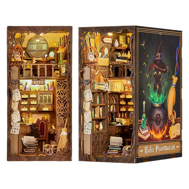 CUTEBEE DIY Book Nook Kit, DIY Dollhouse Booknook Kit Bookshelf Insert Decor Alley, Bookends Model Build-Creativity Kit with LED Light(Magic Pharmacist)