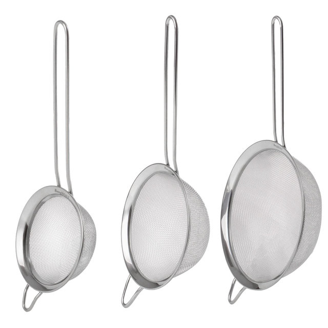 BergHOFF 3Pc Essentials Fine Mesh Strainer, 18/8 Stainless Steel, Long, Ergonomically Designed Handle, Dishwasher Safe