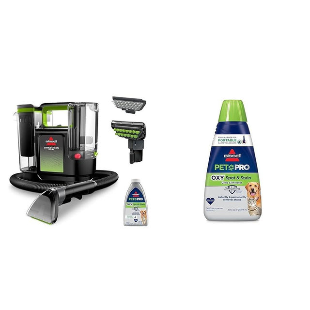 BISSELL® Little Green® Max Pet SmartMix Portable Carpet and Upholstery Deep Cleaner + BISSELL® PET PRO OXY Spot & Stain Formula for Portable Carpet Cleaners, 32 oz.
