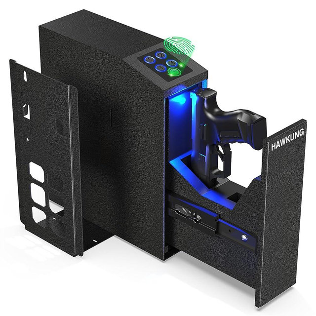 Fingerprint Biometric Gun Safe, Slider Bedside Pistol Safe for Handgun with 3 Ways Quick Access Mounted Gun lock Box for Nightstand, Bed, Desk, Wall, Dresser