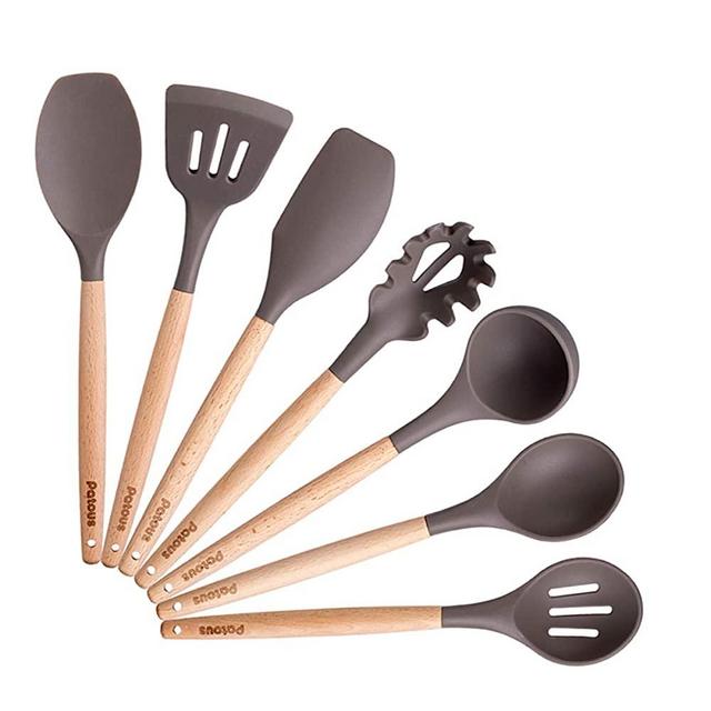 Silicone Kitchen Utensil Set Cooking Utensils -7 Pieces Natural Wooden Handles Cooking Tools for Nonstick Cookware，Spatula Spoon Kitchen Gadgets Utensil Set，Patcus