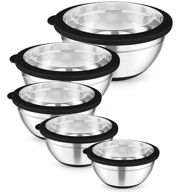 TeamFar Mixing Bowls, 5PCS Stainless Steel Serving Salad Bowls with Lids, For Kitchen Mixing/Baking/Storing/Prepping, Visible & Airtight, Non-Slip Bottom - 4.6/3.5/1.5/1 / 0.7 QT, Black