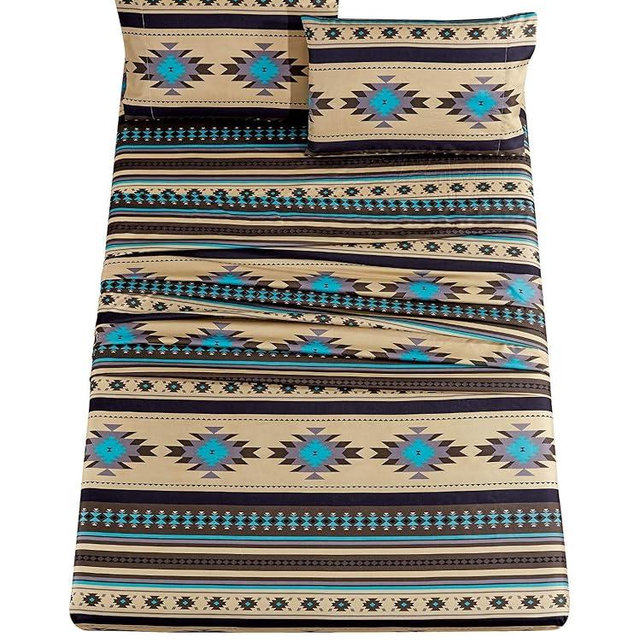Chezmoi Collection Prescott 4-Piece Southwestern Geometric Tribal Multicolor Teal Beige Black Gray Sheet Set, King Size