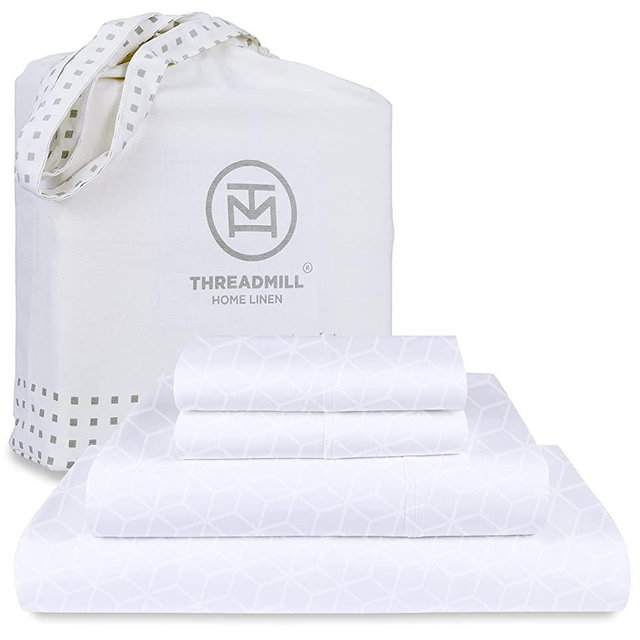 Certified 100% Egyptian Cotton 400 Thread Count, Queen Sheets, 4 Piece Jacquard Cadence Hotel White Bed Set, Breathable Bedsheets with Elasticized Deep Pocket - by Threadmill