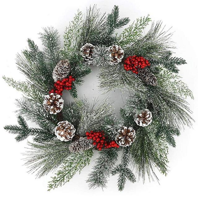 BOMAROLAN Winter Snowflake Christmas Wreath 20 Inch Artificial Pine Cone Pine Needle Branch Harvest Wreath for Front Door Foyers Shop Windows Fireplaces Walls New Years Decor Decor