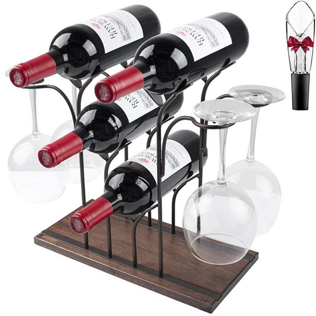 Tabletop Wood Wine Holder, Countertop Wine Rack, Hold 4 Wine Bottles and 4 Glasses, Freestanding Wine Storage Rack for Kitchen Home Bar Storage, Wine Cellar, Cabinet, Pantry, etc, Bronze