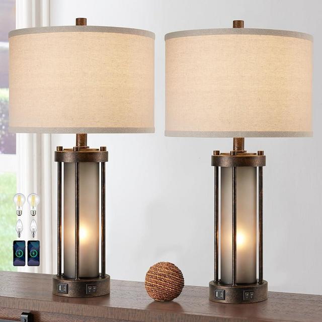 RORIA Set of 2 Farmhouse Table Lamps for Living Room, Vintage Rustic Nightstand Lamp with 2 USB Ports, Retro Gray Glass Night Light Desk Lamps for Bedroom Entryway, 4 Bulbs Included (Bronze Look)