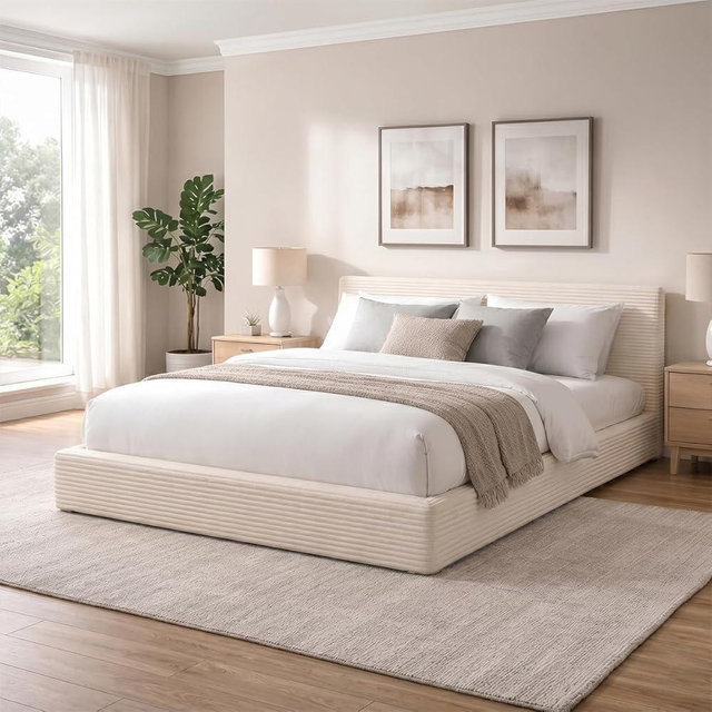 Novilla Queen Size Bed Frame, Plush CloudSoft Bed, Corduroy Upholstered Platform Bed Frame with Headboard, Easy Assembly, No Box Spring Needed, Modern Soft Bed Frame, White