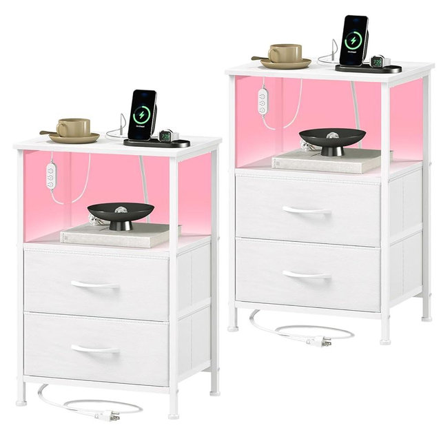 Somdot Nightstands Set of 2,End Tables with Charging Station and LED Lights,Night Stand with 2 Fabric Drawers, End Table with Open Shelf, Small Nightstand for Bedroom, White Leather