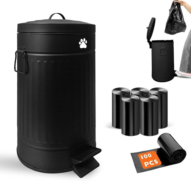 Kopuncare Dog Poop Trash Can Outside, 12 L Metal Dog Waste Trash Can with Lid, Outdoor Dog Poop Trash Can with Pedal, Dog Poop Trash Can Odor Control, Dog Waste Container for Garden, Round Black