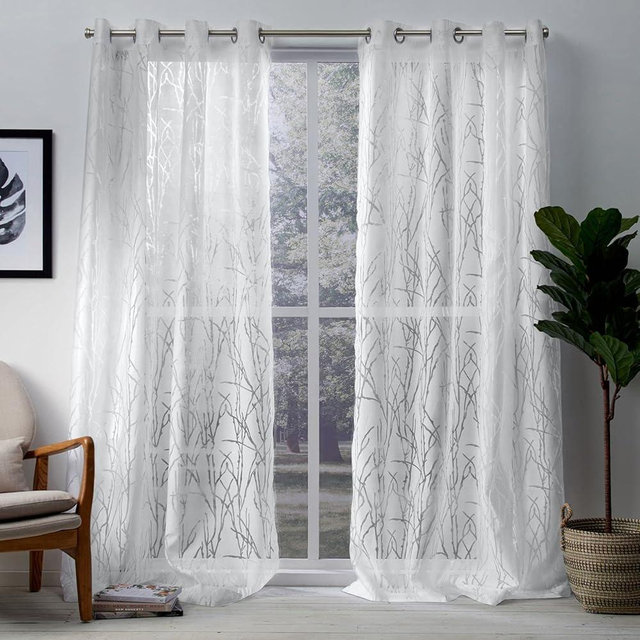 Exclusive Home Curtains Edinburgh Sheer Branch Burnout Grommet Top Curtain Panel Pair, 52" x 84", Winter White