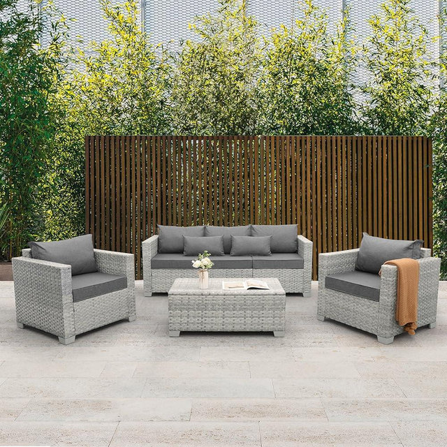WAROOM 4-Piece Wicker Patio Furniture Set, PE Rattan Sectional Sofa with Storage Table, All-Weather Outdoor Conversation Sets for Deck Backyard, Grey Cushion