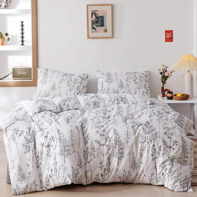 Janzaa 3pcs White Comforter Set King, Soft Microfiber Bedding Plant Printed on White Comforter with 2 Pillow Cases for All Seasons(King)