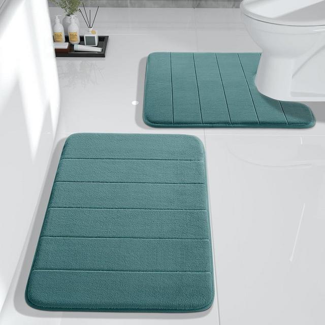 Yimobra Memory Foam Bath Mat Set, 2 Piece Soft Bathroom Rug,17x24 and 24x20.4 U-Shaped Bathroom Mat, Toilet Mats, Water Absorption, Non Slip, Thick, Dry Fast for Bathroom Floor Rugs, Eggshell Blue