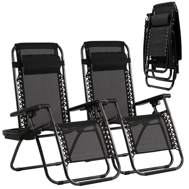 Zero Gravity Chairs Set of 2 Adjustable Folding Reclining Lounge Chairs Outdoor Beach Chair with Pillow and Cup Holder, Patio Lawn Chair Pool Chairs for Outdoor Pool Side Camping Yard Beach (2, Black)