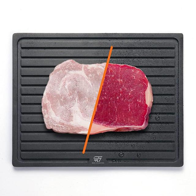 4T7 Defrosting Tray for Frozen Meat Quick Thawing, 8MM Extra Thick Plate Board for Steak Pork Chicken, with Grooves to Catch Drips, Non-stick Thawing Tray Easy to Clean (Defrosting Tray Only)