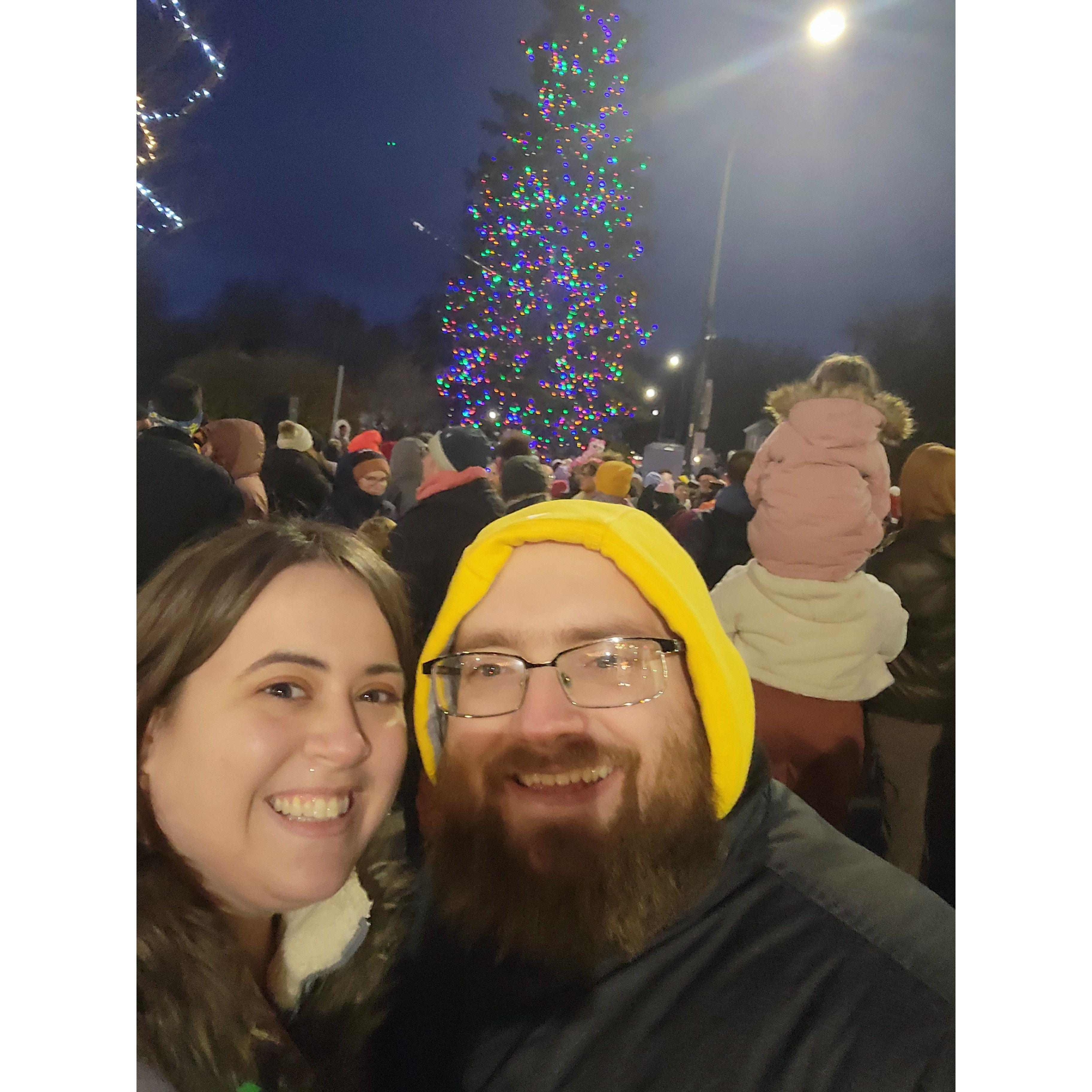 A tree lighting ceremony in Ypsilanti - the couple is big on doing community events when they can
