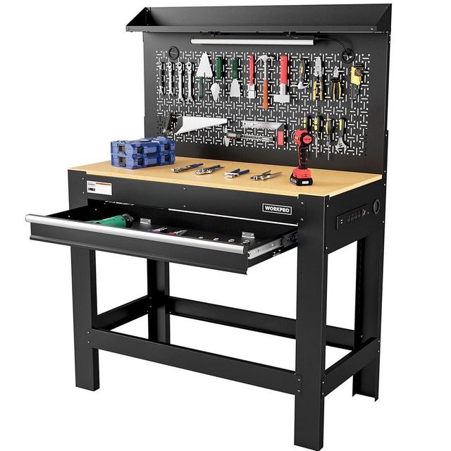 WORKPRO Garage Workbench with Storage, 45" Workbench with Pegboard, Power Outlets and Light, 800 LBS Multipurpose Work Bench for Garage, Warehouse, Workshop, Home