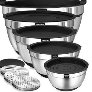 Umite Chef Mixing Bowls with Airtight Lids, 8PCS Stainless Steel Nesting Mixing Bowls Set, 3 Grater Attachments & Non-Slip Bottoms, Black Kitchen Bowls, Size 5, 4, 3.5, 2, 1.5QT for Baking & Serving