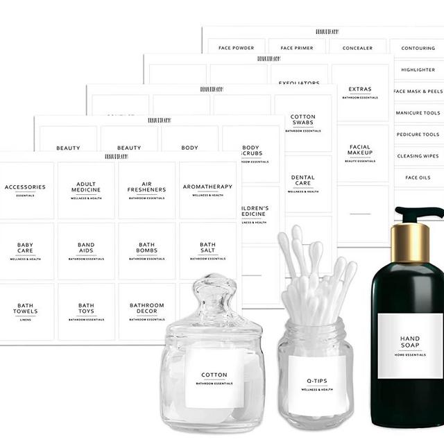 Dekluttr 173 Minimalist Bathroom Labels for Organizing Bathroom Preprinted Waterproof Organization Labels for Storage Bins Containers and Jars Sticks to Glass Plastic and Metal