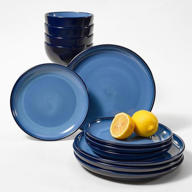 Pokini Blue Stoneware Dinnerware Set, 12 pcs Reactive Glaze Plates and Bowls Sets, Handmade Round Dishes Set for 4, Highly Chip and Crack Resistant Modern Plate Set