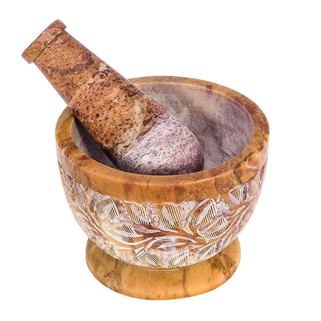 Divit Shilp Mortar and Pestle, Made of Heavy Duty Polished Hard Stone, Natural Stone Grinder for Spices, Pastes, Herbs, Seasoning etc. (Mix Color with Engraving)