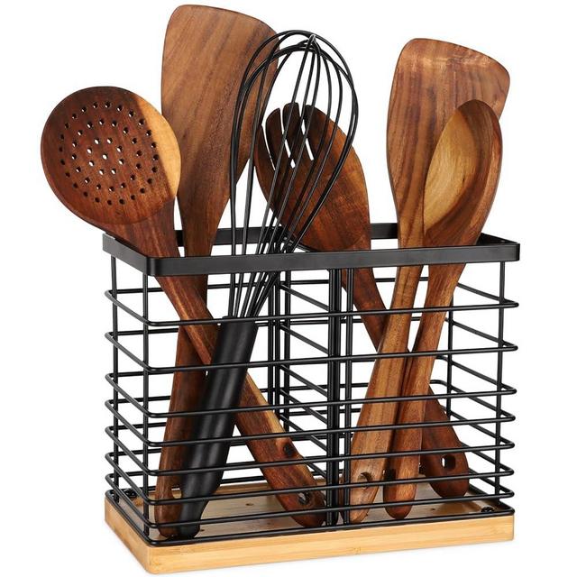 TACGEA Utensil holder for Kitchen Counter, Kitchen Cooking Utensil Holder Organizer with Wooden Base Matte Black (2 Compartments)
