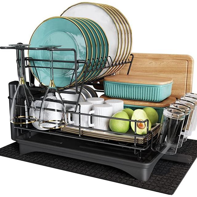 Dish Drying Rack Large Stainless Steel Dish Rack and Drainboard Set for Kitchen Counter Majalis Dish Drainer with Cutting-Board & Utensil & Wine Glass Holder, Swivel Spout Tray and Dryer Mat (Black)