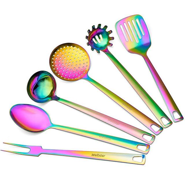 WELLSTAR Kitchen Utensil Set, 6 Pcs Rainbow Cooking Utensil Set – Durable 304 Stainless Steel Kitchen Tools and Gadgets – Pasta Server, Ladle, Serving Spoon, Turner, Skimmer and Fork, Dishwasher Safe